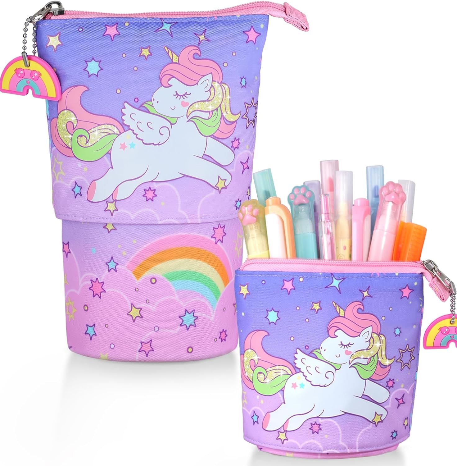Standing Pencil Case for Kids - Back to School Stuff, Unicorn Telescopic Zipper Pencil Case Aesthetic, Large Capacity Stand up Pen Bag, Portable Pen Holder, Study Supplies for Students