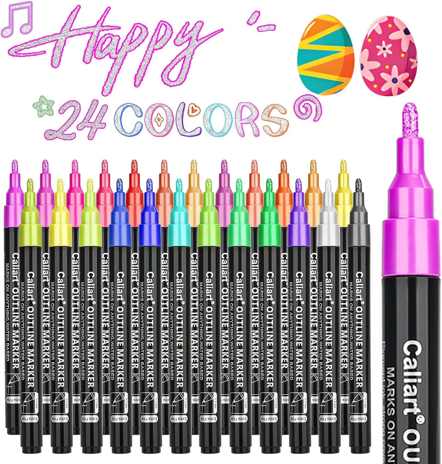 Caliart Easter Basket Essentials, 24-Color Shimmer Outline Markers, Easter Basket Stuffers-Teen Girl Gifts Trendy Stuff, Glitter Pens Set Classroom Art Supplies for 4-6-8-10-12 Year Old Kids
