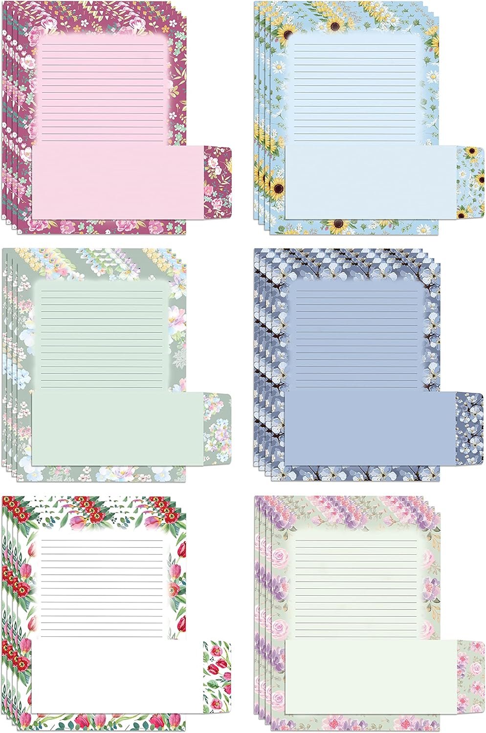 Better Office Products Floral Paper Stationery Set, 100 Piece Set (50 Lined Sheets + 50 Matching Envelopes), Letter Size 8.5 x 11 inch, 6 Designs, Double Sided/Lined Printing Paper
