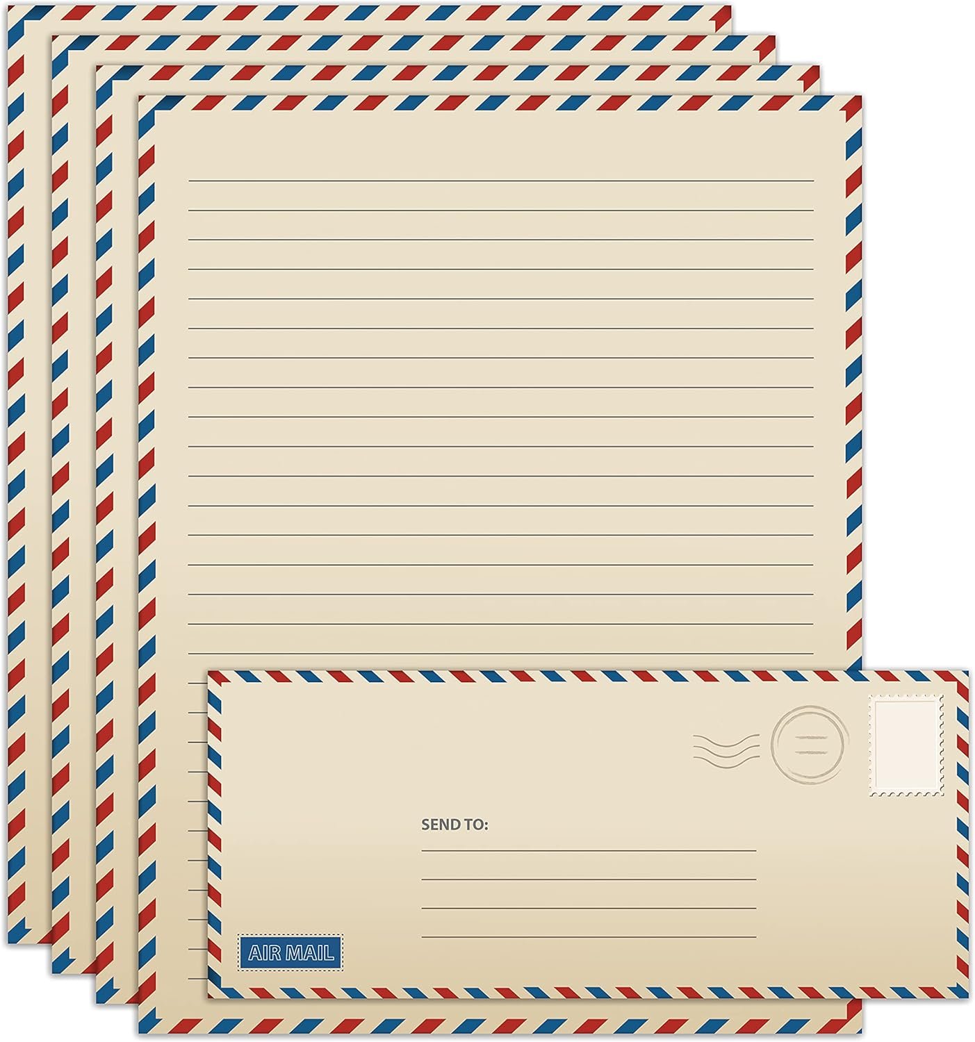 Better Office Products Vintage Airmail Stationery Paper Set, 100-Piece Set (50 Lined Sheets + 50 Matching Envelopes), Letter Size 8.5 x 11 inch, Double Sided & Lined Paper