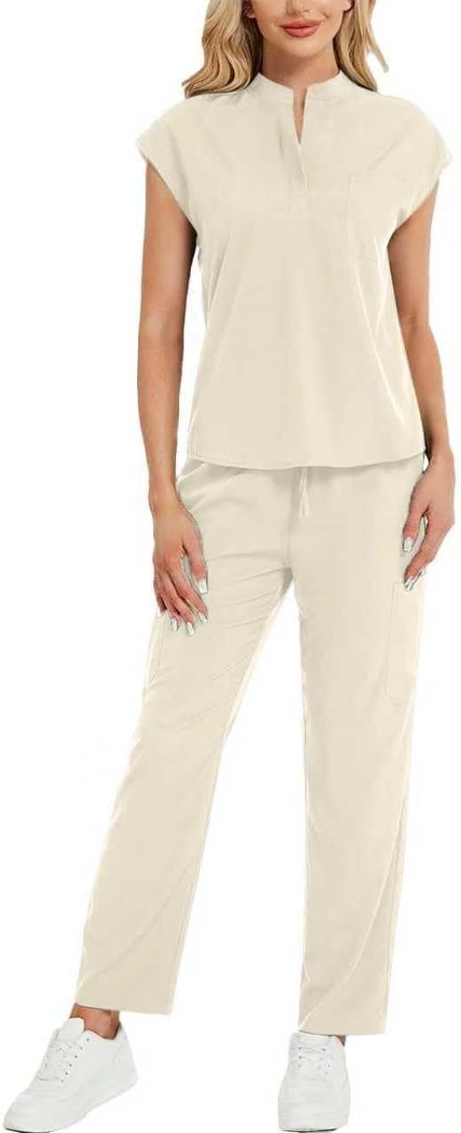 Women's Scrub Set - Stand-Up V-Neck Scrub Top & Straight-Leg Pants with 5 Pockets