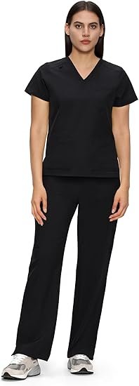 Scrubs for Women, V-Neck Scrubs Top & Cargo Pants with 12 Pockets, Yoga Waistband, 4 Way Stretch
