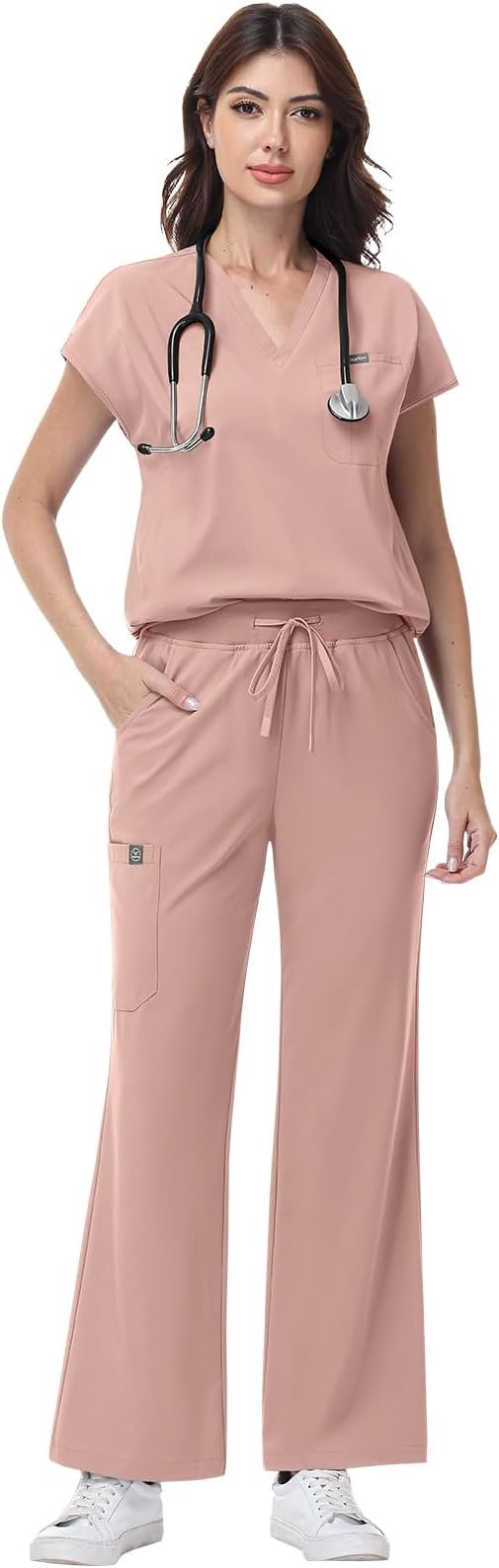 niaahinn Scrub Set for Women - V-Neck Scrub Top & Wide-Leg Pants Medical Uniforms with Stretch Fabric, Multiple Pockets