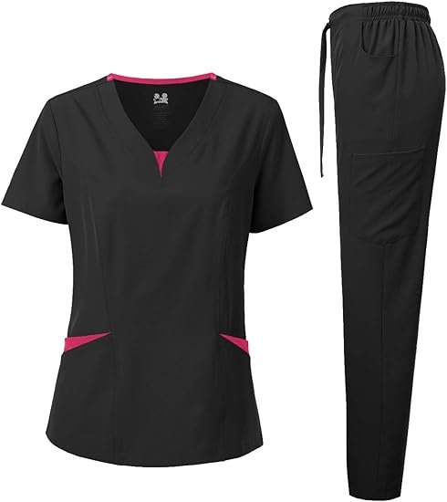 Dagacci Medical Uniform® Scrubs for Women Set – 4-Way Stretch Contrast V-Neck Top and Pants Sets for Women – 9 Pockets